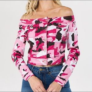 Pink camouflage off shoulder top